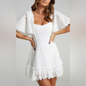 Showpo FANCY A SPRITZ SQUARE NECK MINI DRESS IN WHITE EMBROIDERY